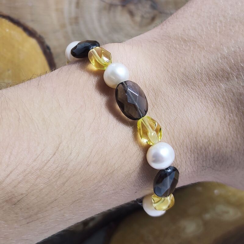 Pulsera Cuarzo Ahumado, Citrino y Perlas Pulsera Cuarzo Ahumado, Citrino y Perlas