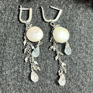 Pendientes Perlas, Aguamarina, Morganita y Pirita