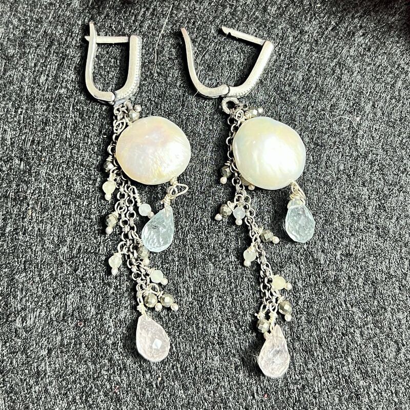 Pendientes Perlas, Aguamarina, Morganita y Pirita