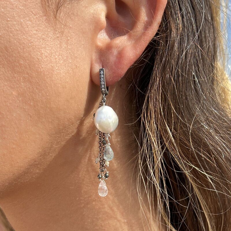 Pendientes Perlas, Aguamarina, Morganita y Pirita