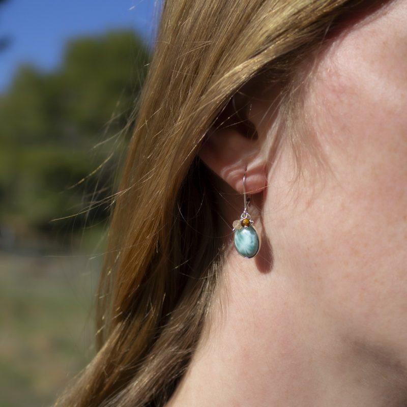 Pendientes Larimar con Ojo de Tigre y Piedra de Sol Pendientes Larimar con Ojo de Tigre y Piedra de Sol