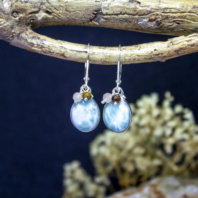 Pendientes Larimar con Ojo de Tigre y Piedra de Sol Pendientes Larimar con Ojo de Tigre y Piedra de Sol