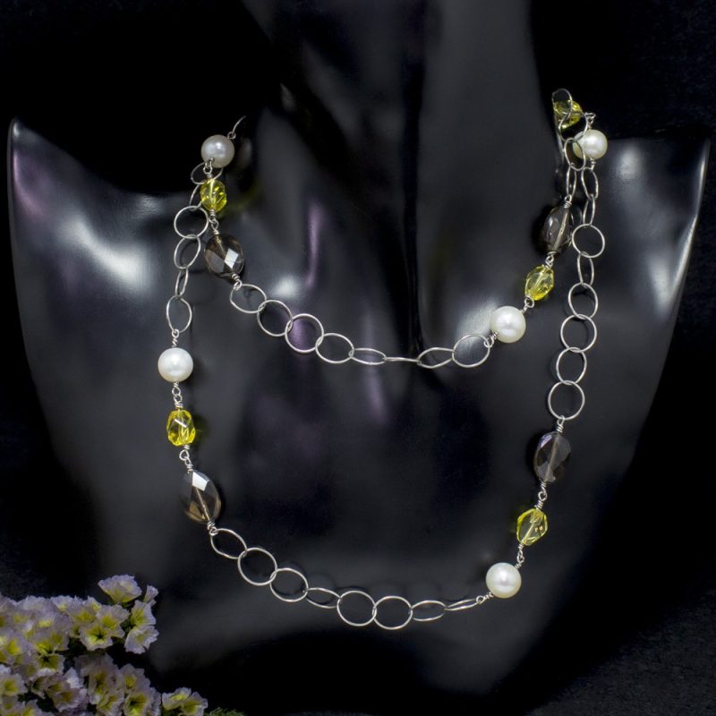 Collar Citrino, Cuarzo Ahumado y Perlas