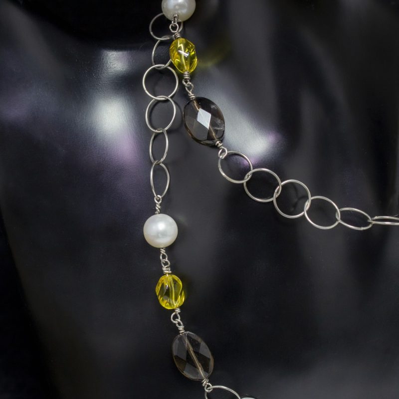 Collar Citrino, Cuarzo Ahumado y Perlas